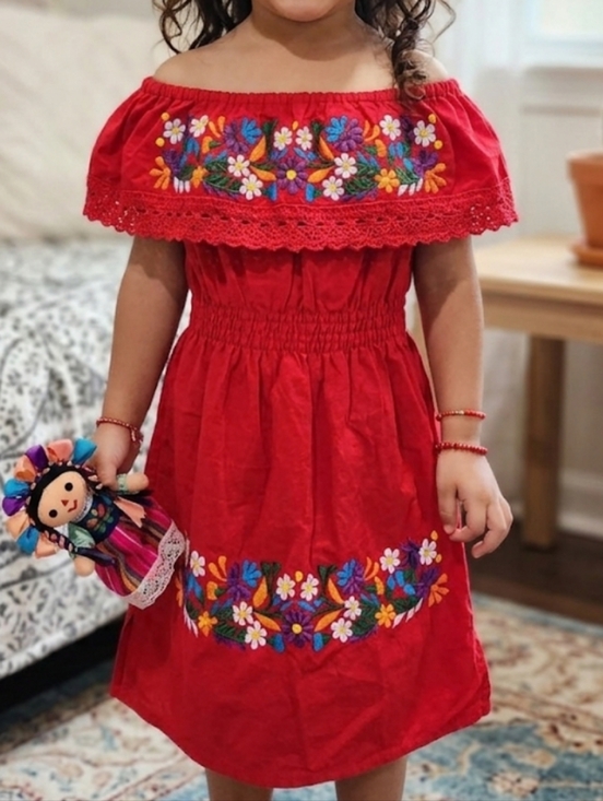 The Unbranded Brand Other - Girls Red Off-Shoulder Smocked Waist Dress 6T